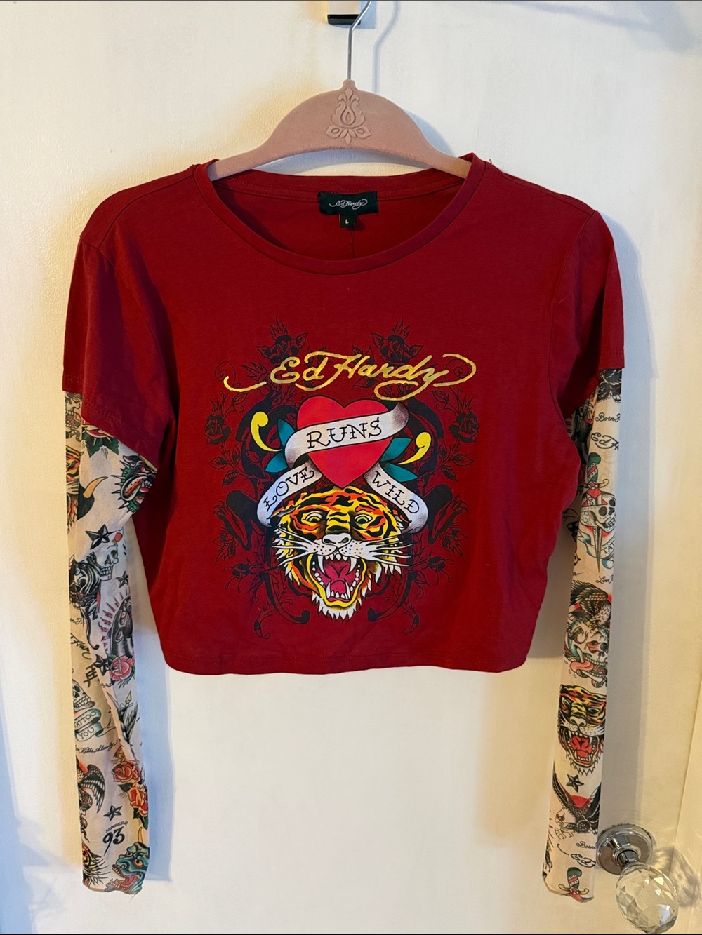 Ed Hardy Red Tiger Heart Graphic Crop Long-Sleeve Top